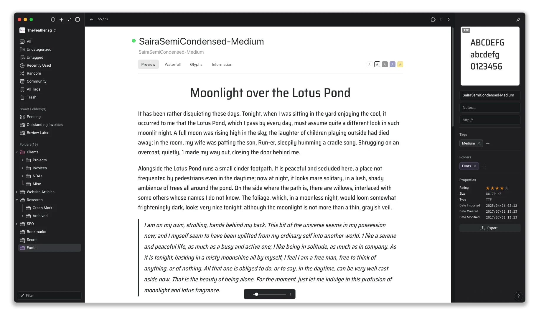 Preview of a Saira Semi Condensed font within Eagle, TheFeather.sg