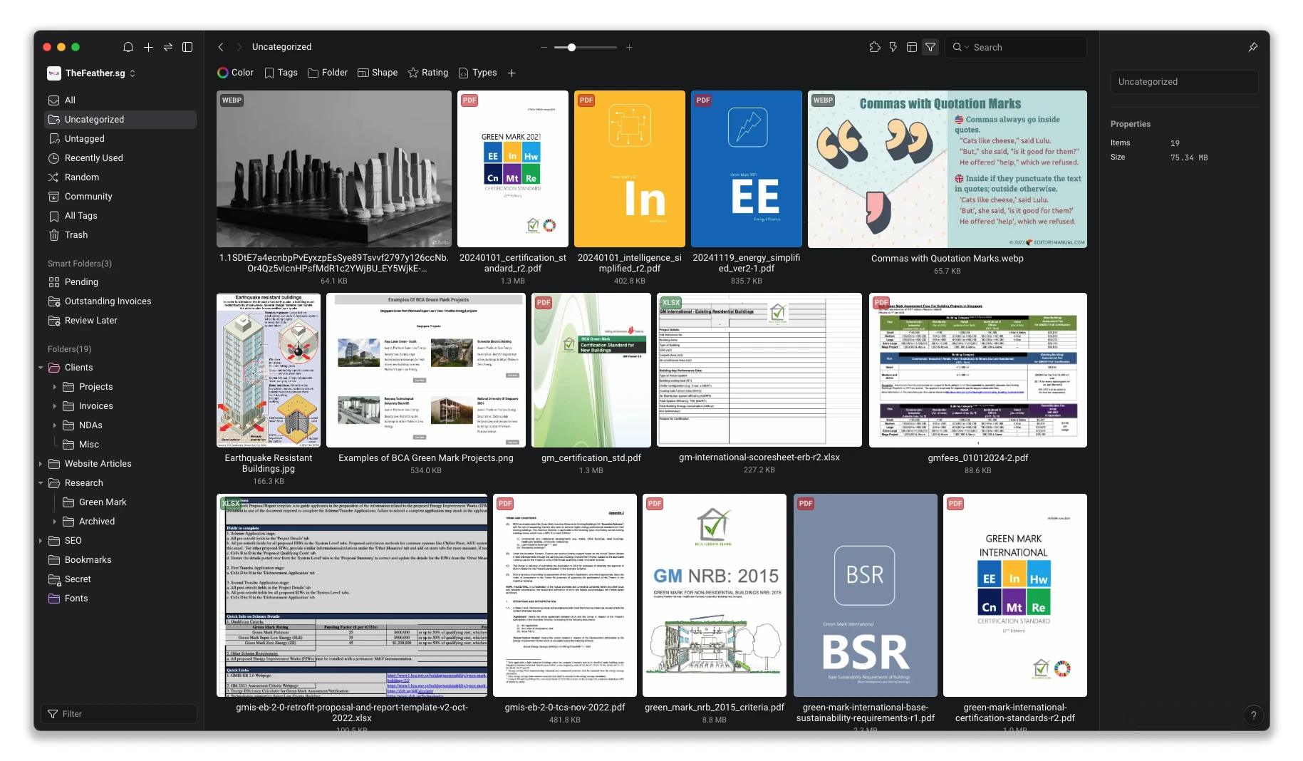 A justified view of the default Uncategorised folder with sample files, TheFeather.sg