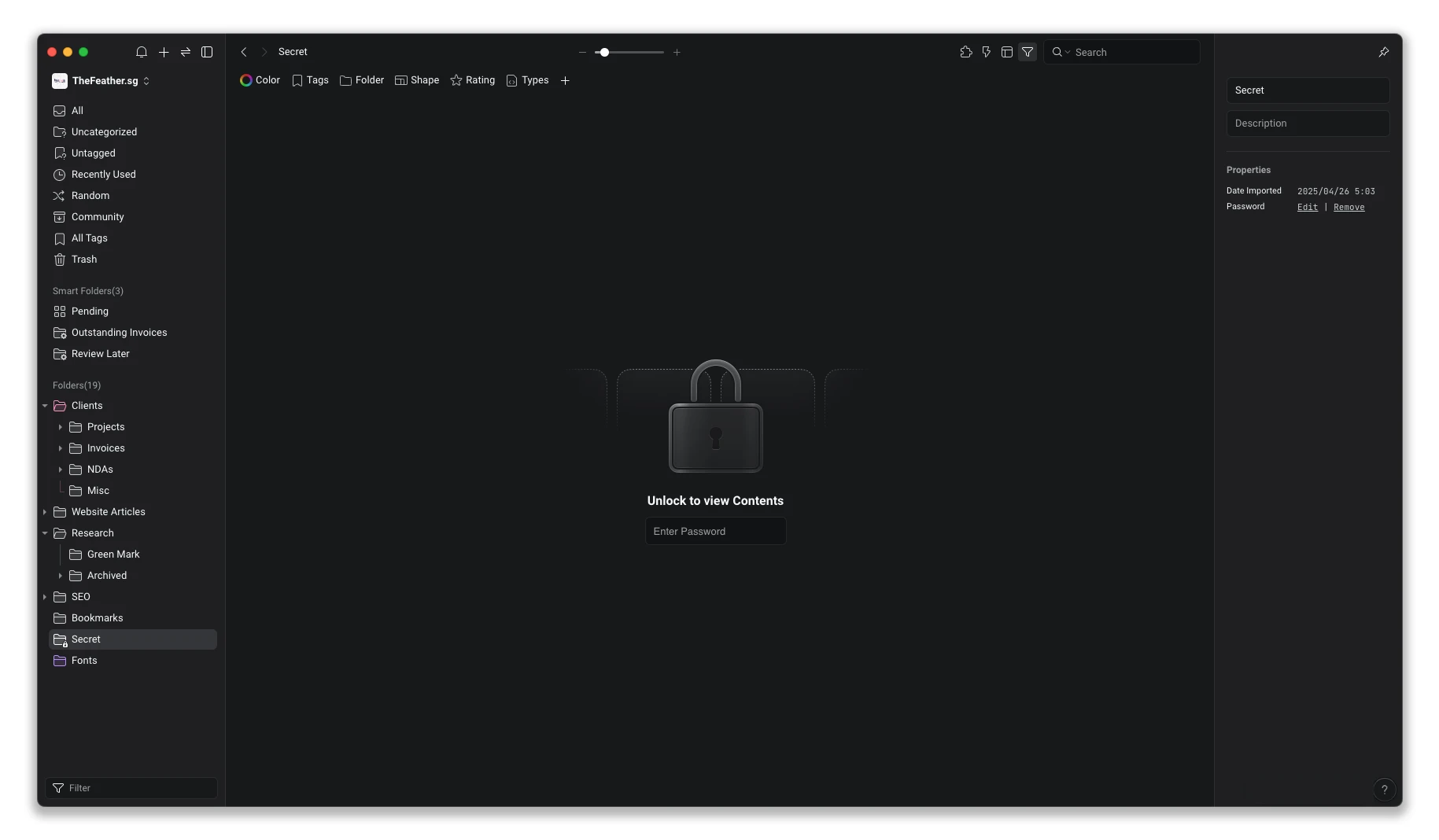 Password request to access my Secret folder, TheFeather.sg