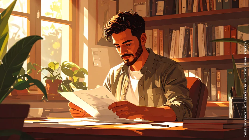 A man proofreading a printed copy sitting in his home office
