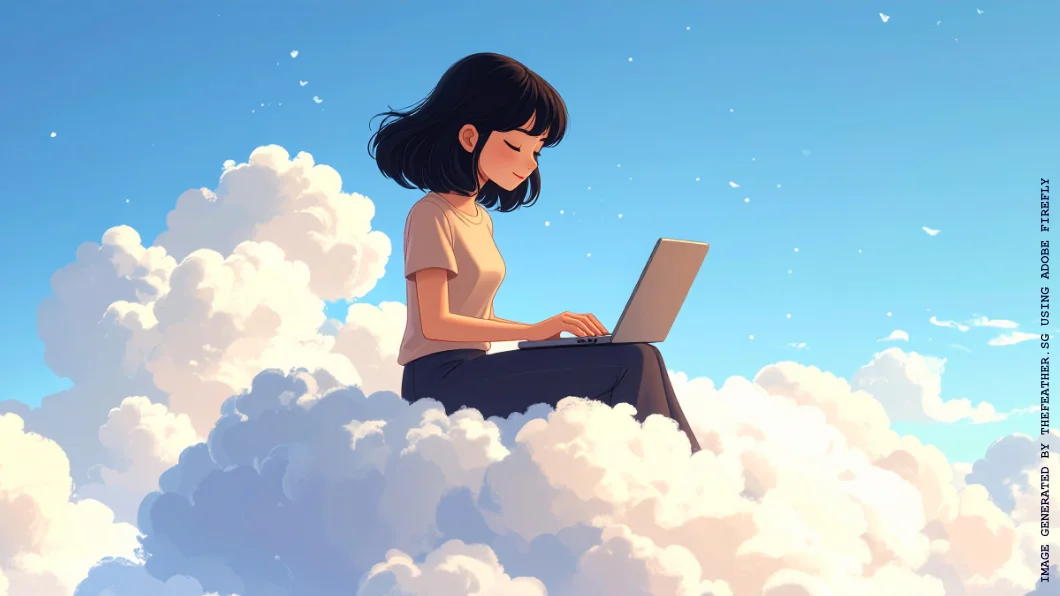 Young female copywriter sitting on a cloud with a laptop, searching for inspiration.